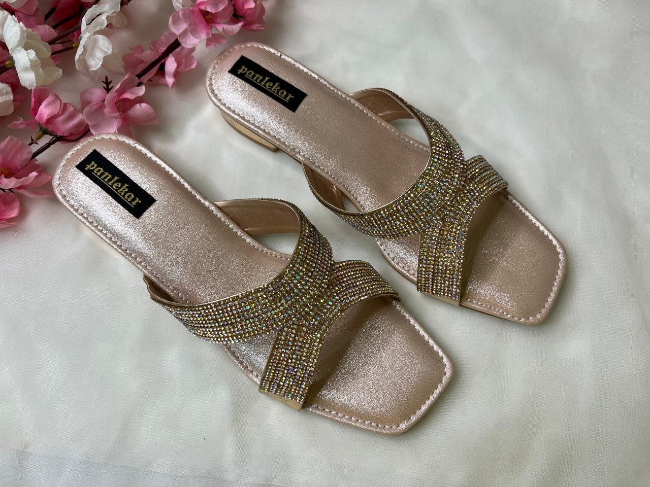 Rose gold Crystal Embellished Slip-On Sandal
