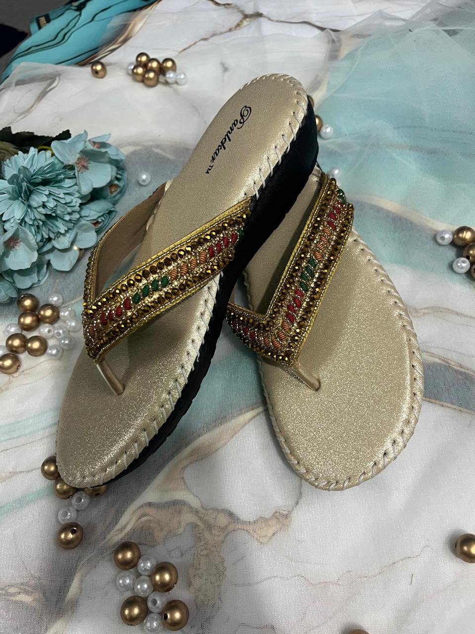 Golden Royal Sparkle Ethnic Chappals. - Image 3
