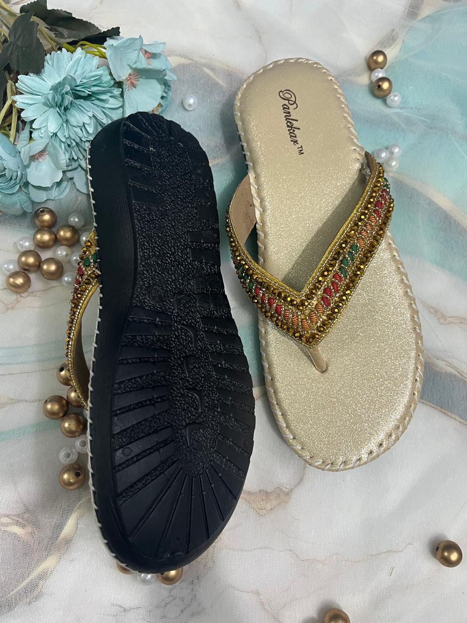Golden Royal Sparkle Ethnic Chappals. - Image 2