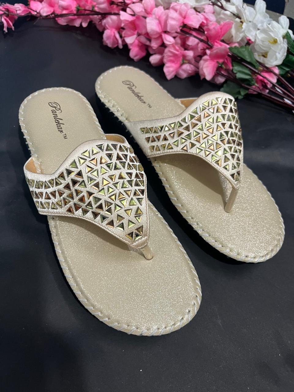 Beige ethnic slip-on sandals